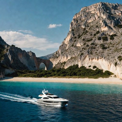 Luxury yacht sails by rocky shore