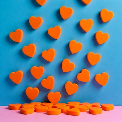 Bright orange hearts on blue background