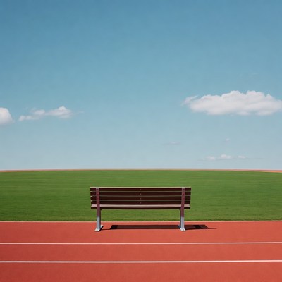 Bench on running track under sky