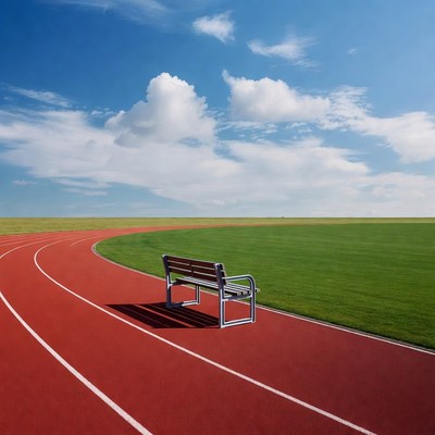 Bench on running track under blue sky