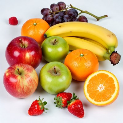 Variety of fresh fruits on white background