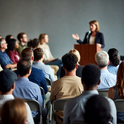 Speaker presenting to an audience in a hall