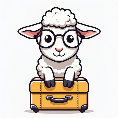 Sheep with suitcase and glasses ready to travel