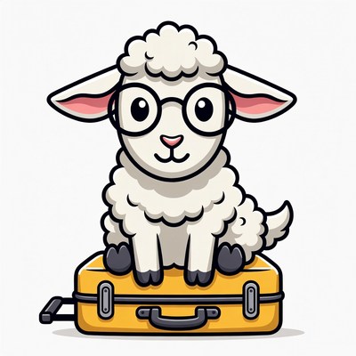 Sheep with glasses on suitcase