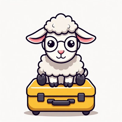 Sheep with suitcase ready to travel