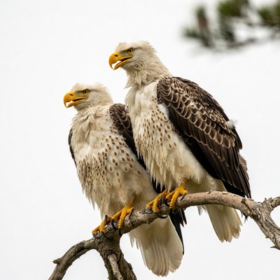Bald eagles perched on a tree branch