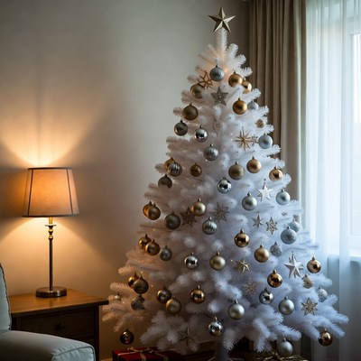Festive scene with white christmas tree