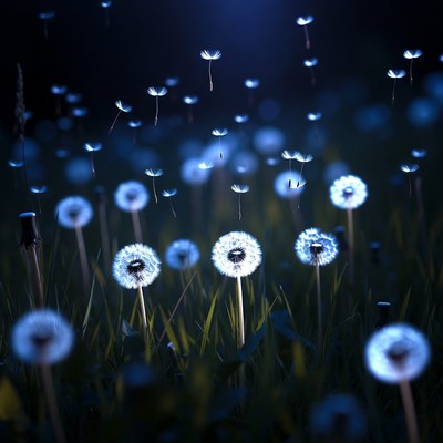 Dandelions in a dark field at night