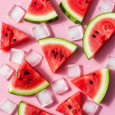 Watermelon slices with ice on pink background