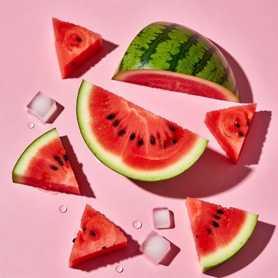 Fresh watermelon slices on pink background