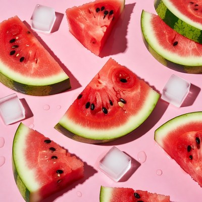 Watermelon slices on pink backdrop