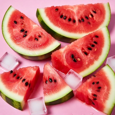 Fresh watermelon slices on pink surface
