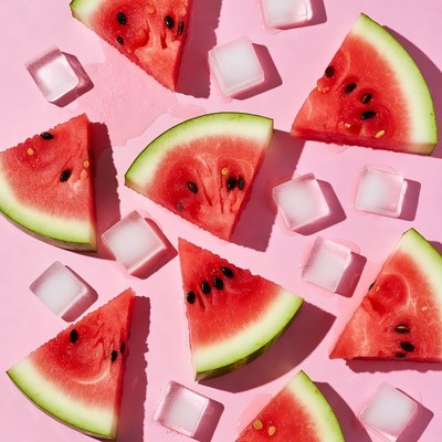 Watermelon slices on pink background with ice