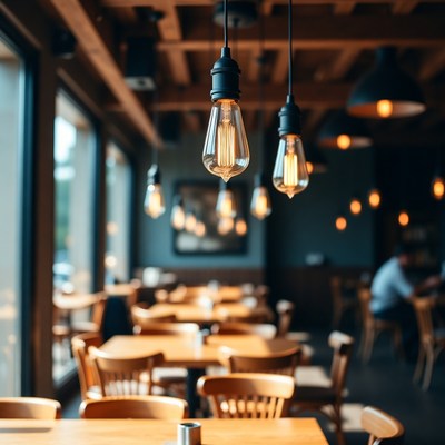 Cozy cafe interior with hanging lights