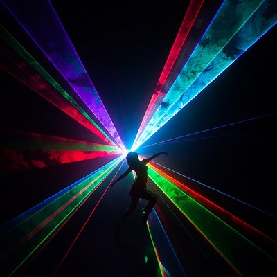 Colorful light show with dancer in darkness