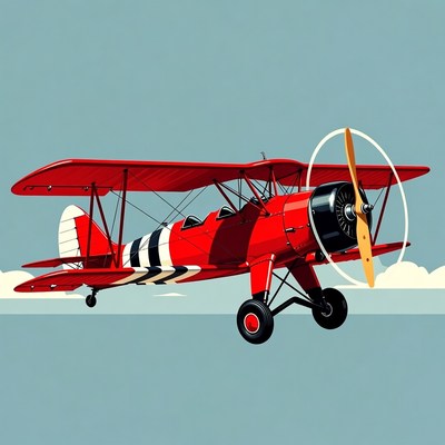 Classic biplane flying through clouds