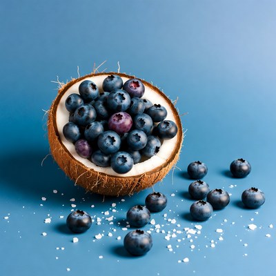 Coconut bowl with blueberries on blue background