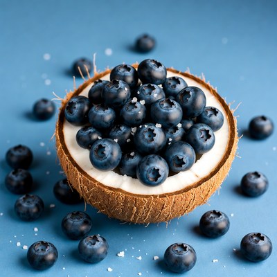 Bowl of blueberries on blue surface