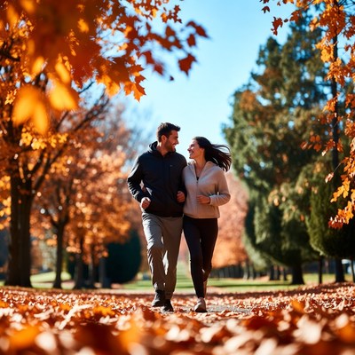 Couple walking in autumn park