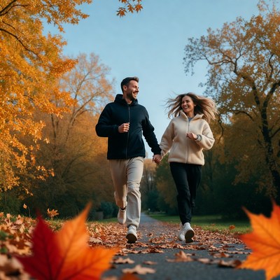 Couple running in autumn park