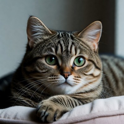 Cat resting indoors with focused gaze