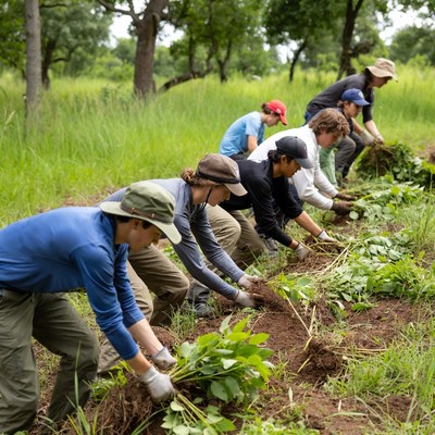 Volunteers working in a garden