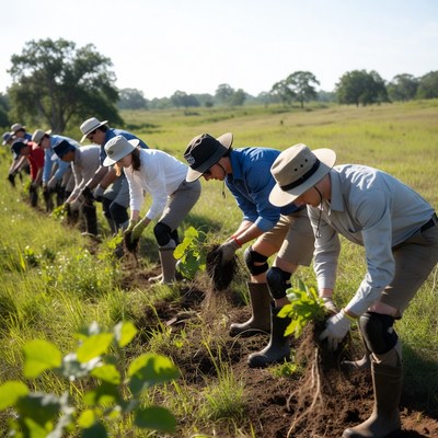 Group planting trees in a field