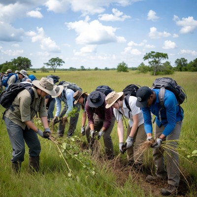 Volunteers work on planting in the field