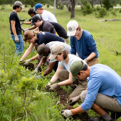 Community members plant trees in open field