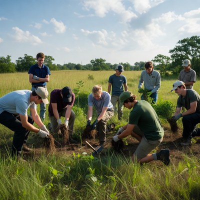 Group planting trees in a field