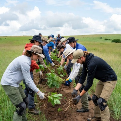 Volunteers plant trees in open field