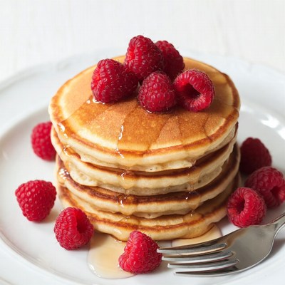 Pancakes with raspberries and syrup