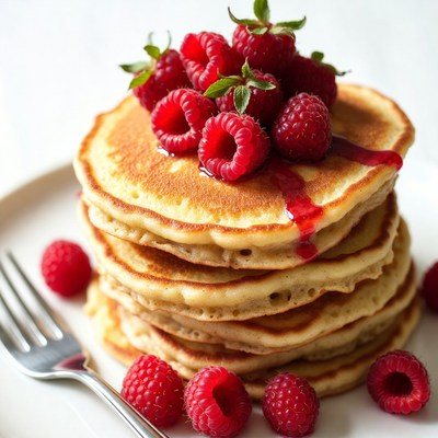 Stack of pancakes with raspberries on top