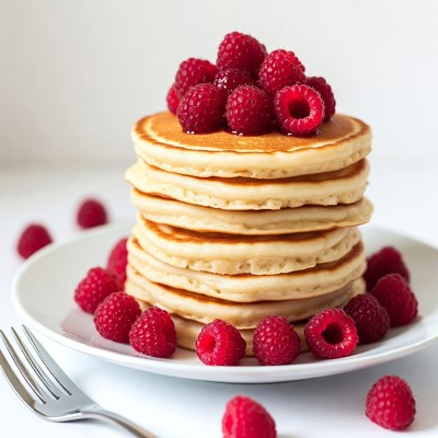 Pancakes with raspberries on plate