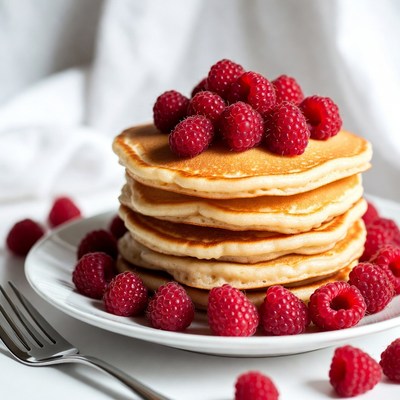 Pancakes with fresh raspberries on plate