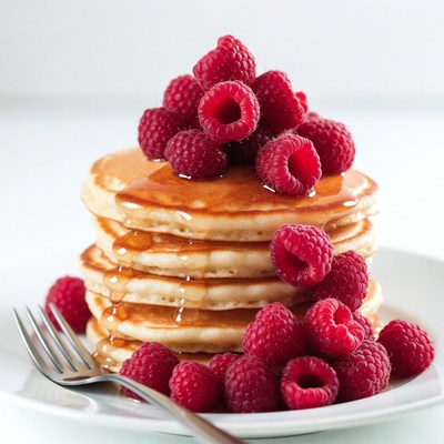 Stack of pancakes with raspberries and syrup