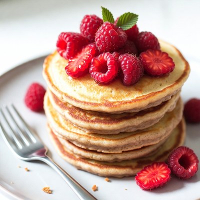 Pancakes with raspberries on a plate