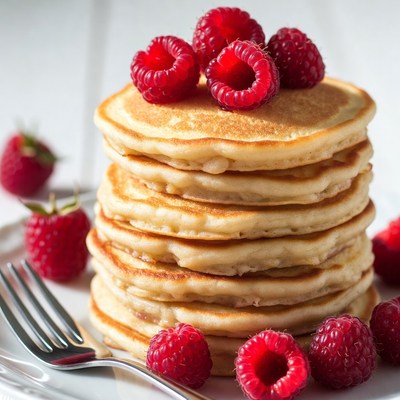 Pancakes topped with raspberries in kitchen