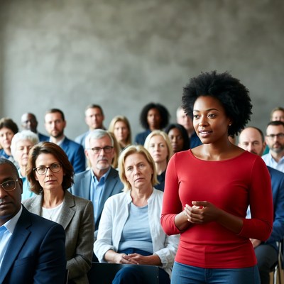 Woman speaks to large group audience