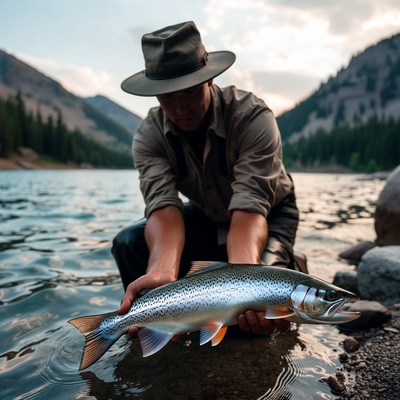 Fisherman holds large trout by river