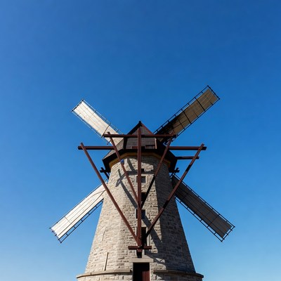 Windmill stands under clear sky