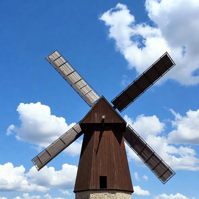 Windmill under blue sky with clouds