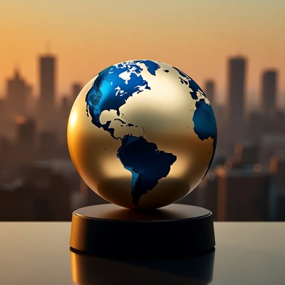 Golden globe with blue continents at sunset