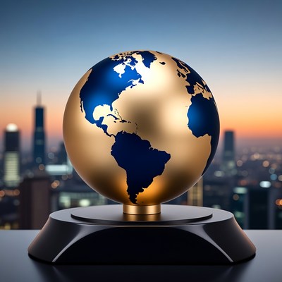 Golden globe on a stand at sunset