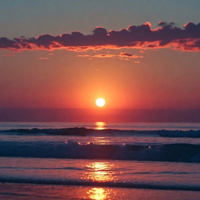 Sunset over ocean waves at dusk