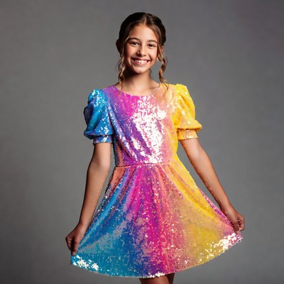 Girl in colorful dress posing indoors