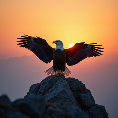 Eagle perched on rock at sunset