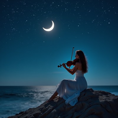 Woman playing violin at night
