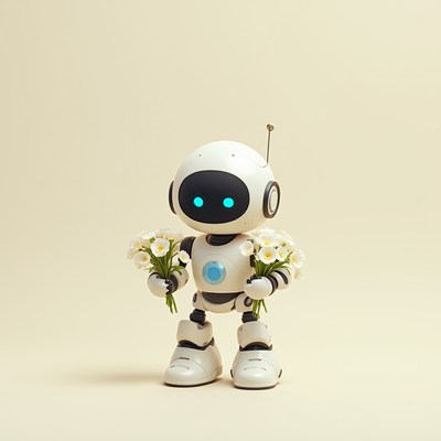 Robot holds flowers in studio setting