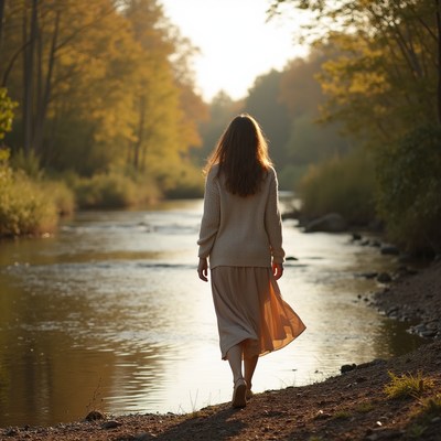Woman walks by river in autumn